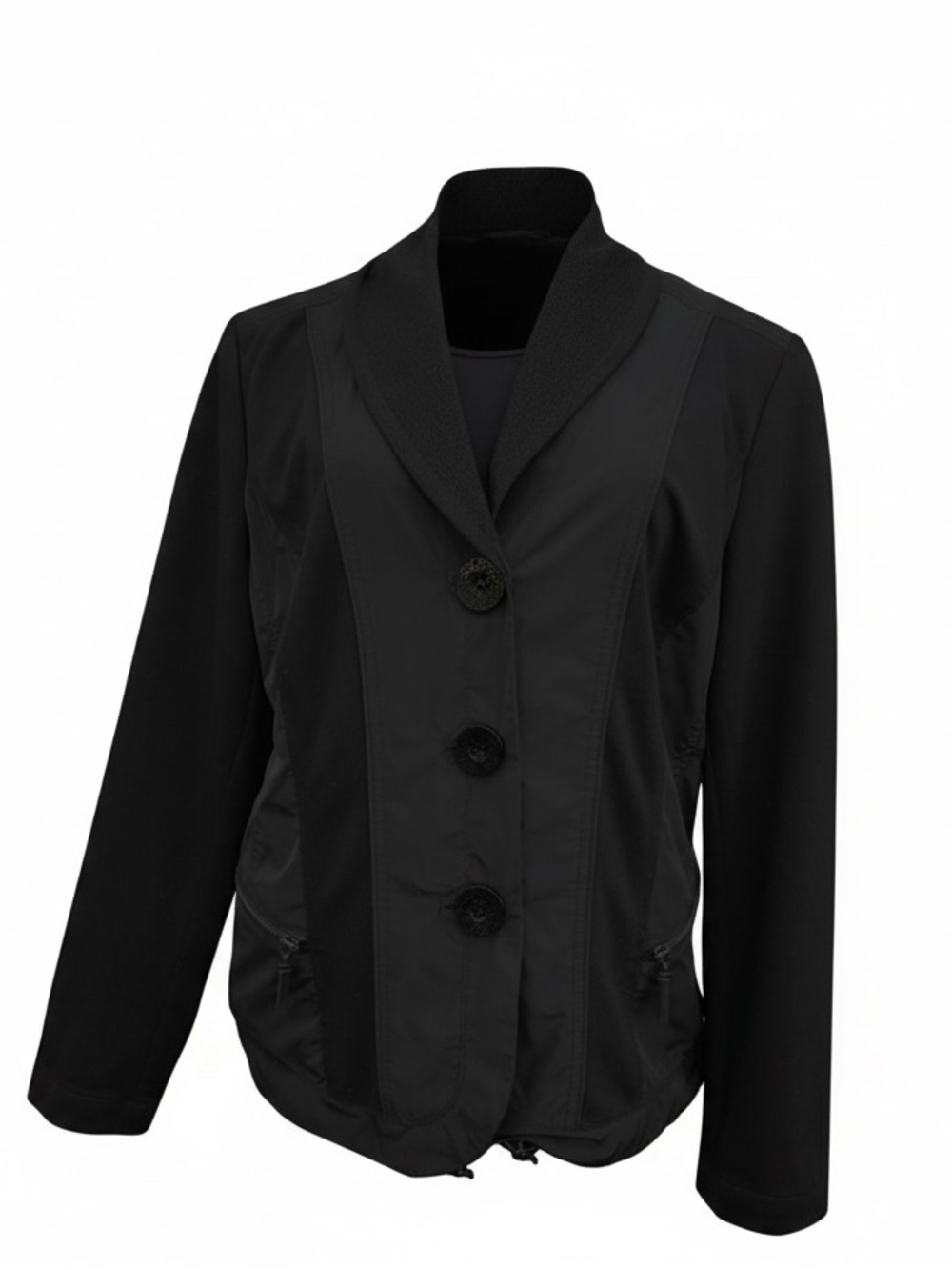 Chico's Black Mixed Media Jacket Ruched Hem Size M